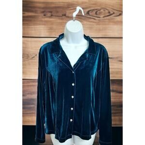 Vintage Worthington Teal Velour Button Front Blouse Sz 12 Large Top Long-Sleeve